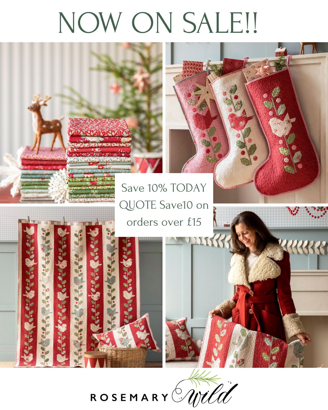 Merry Little Christmas Fat Quarter Bundle - 5 fabrics in Duck Egg, 20 x 22in
