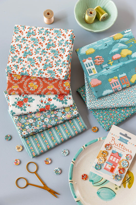 Village Life Fat Quarter Petrol/Teal Bundle - 5 fabrics, 21 x 19in