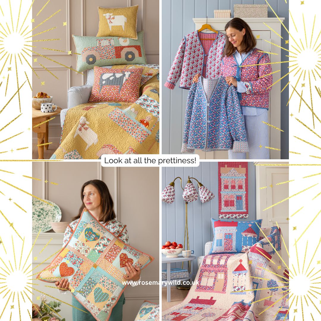 A four-panel collage showcasing quilted blankets, pillows, and cardigans with whimsical patterns. The top-left panel shows a cozy bedroom scene with a yellow quilted blanket and matching pillows.