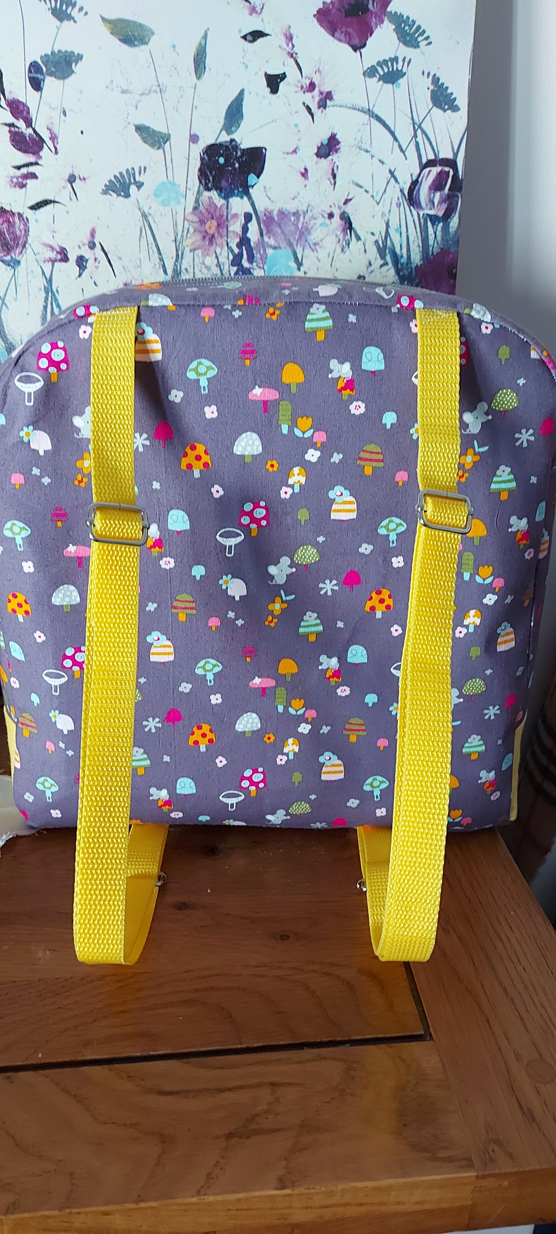 Dashwood Studio Fabric nursery backpack with yellow straps