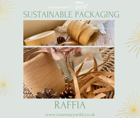 Sustainable Packaging: picture of raffia with paper tape and pine cone.  💌Free delivery on orders over £30.  Rosemary Wild:an eco-friendly store supplying contemporary quality cotton fabrics.  Recycled packaging 🌿 