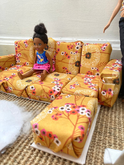 Heidi's sofa set made for her Barbie from Dashwood Aviary Dandelions and Flowers on Mustard