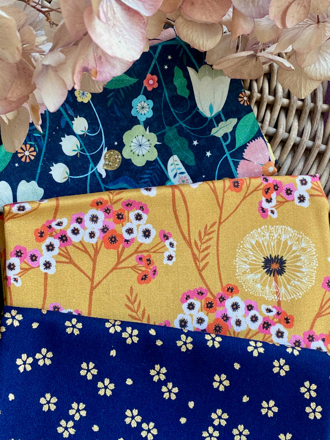 100% cotton fabric yellow and blue with flowers