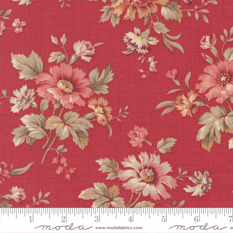 Floral fabric pattern with a ruler at the bottom on a red background