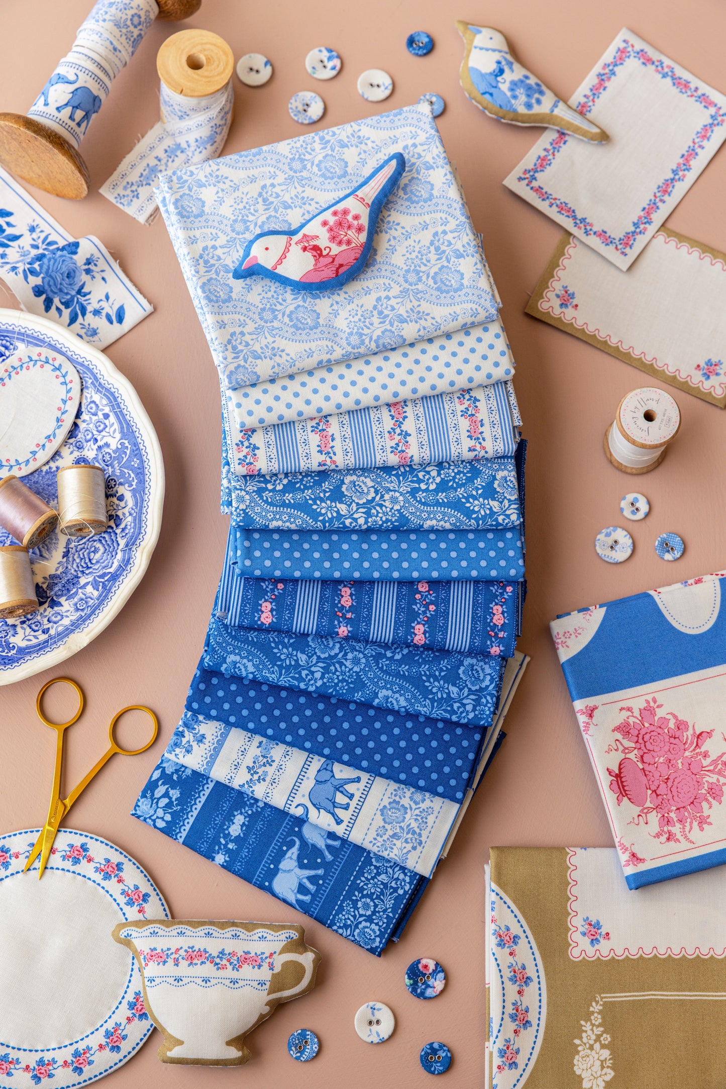 Something Blue Fat Quarter Bundle - 12 fabrics in Blenders, Borders, labels and ornaments, 21 x 19in