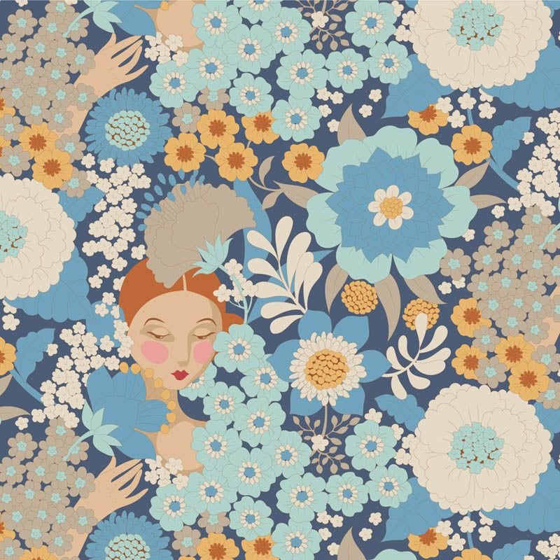 Wallflower Fat Quarter Bundle Blue - 5 fabrics, 20 x 22in