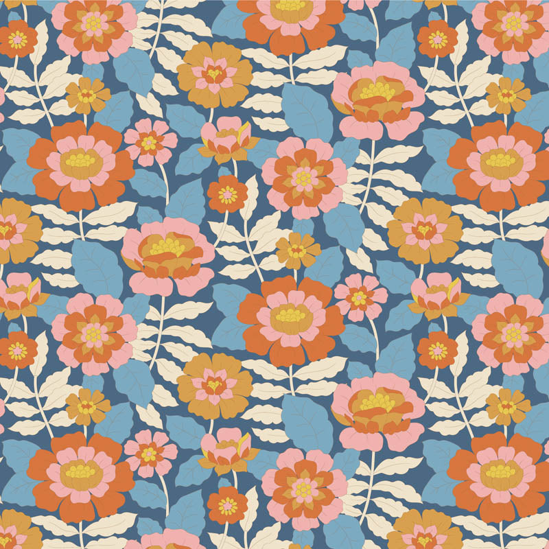 Wallflower Fat Quarter Bundle Blue - 5 fabrics, 20 x 22in