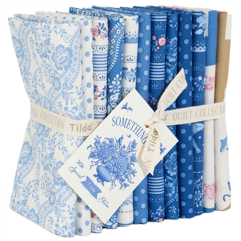 Something Blue Fat Quarter Bundle - 12 fabrics in Blenders, Borders, labels and ornaments, 21 x 19in
