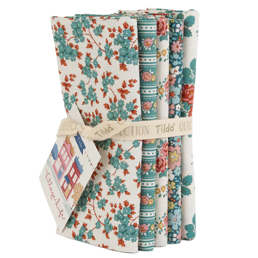 Village Life Fat Quarter Petrol/Teal Bundle - 5 fabrics, 21 x 19in