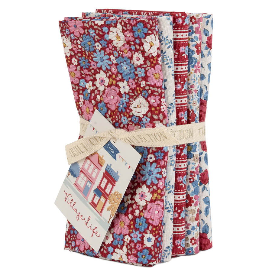Village Life Fat Quarter Burgundy Bundle - 5 fabrics, 21 x 19in