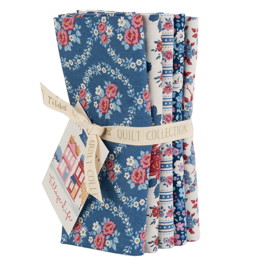 Village Life Fat Quarter Blue Bundle  - 5 fabrics, 21 x 19in