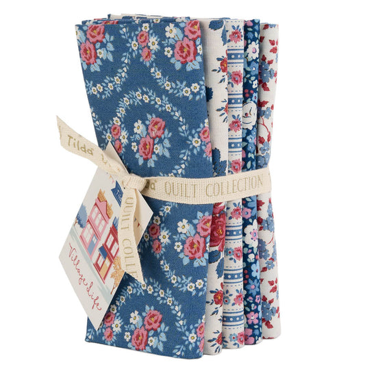 Village Life Fat Quarter Blue Bundle  - 5 fabrics, 21 x 19in