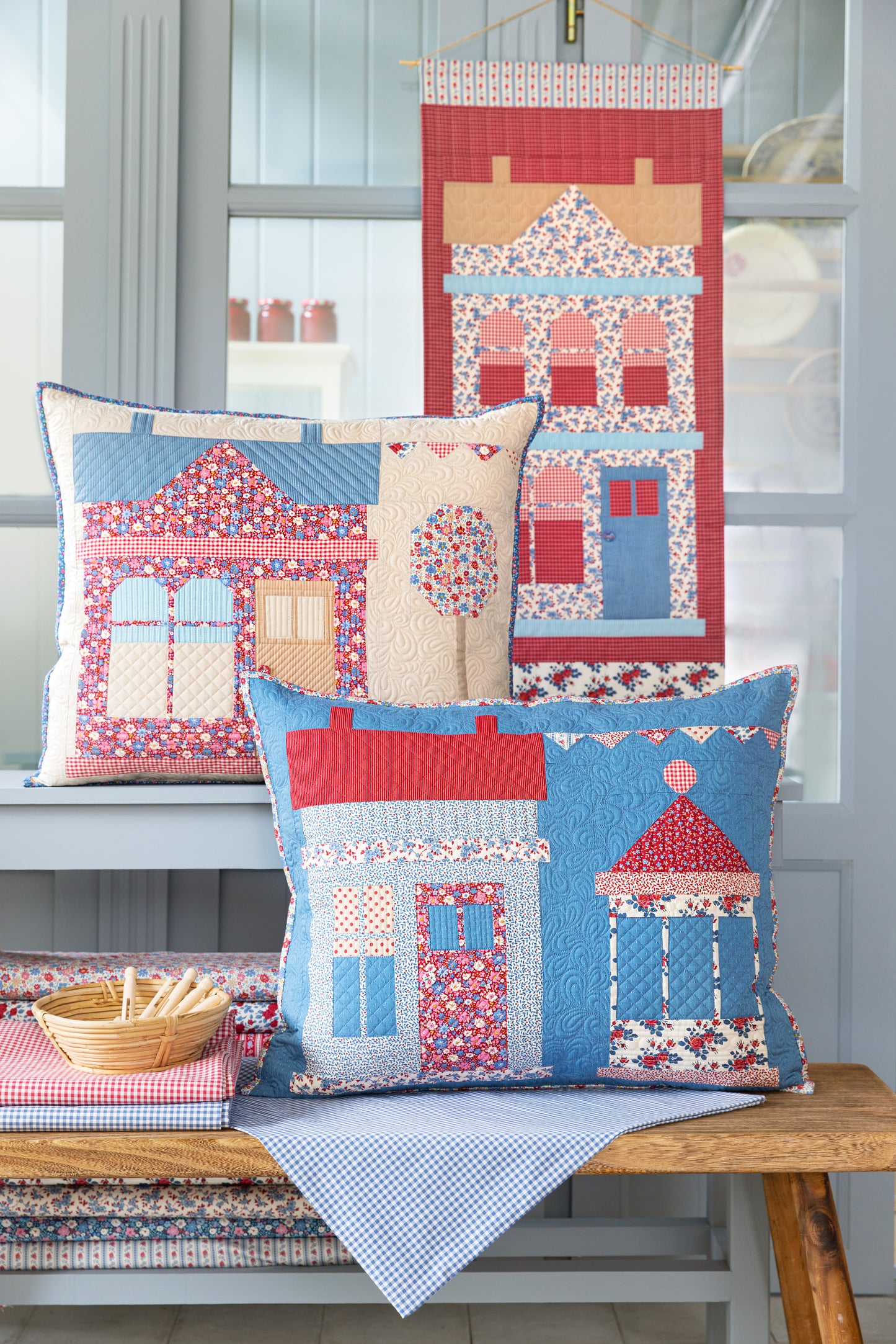 Village Life Fat Quarter Blue Bundle  - 5 fabrics, 21 x 19in