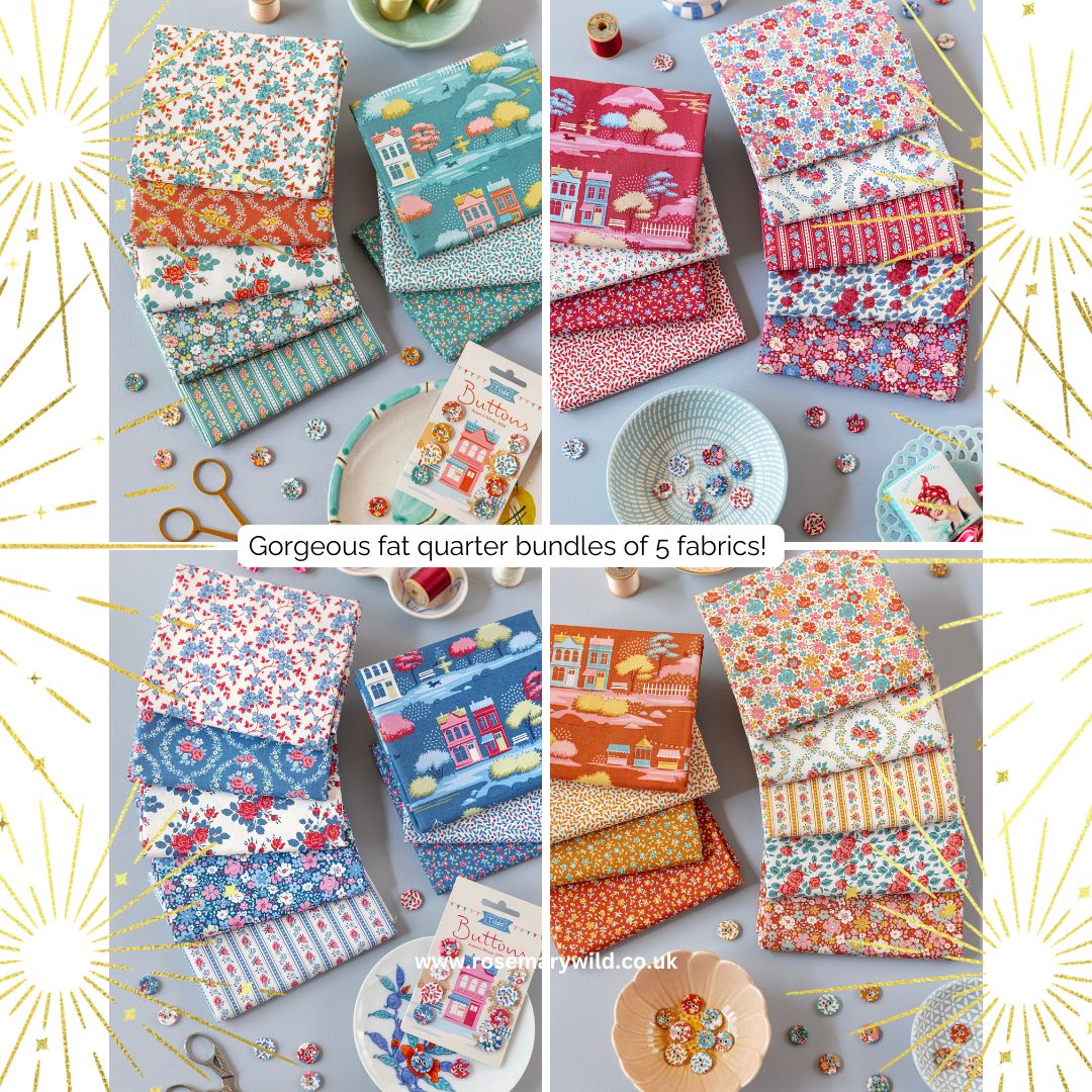 A 2x2 collage showing four different fat quarter fabric bundles with various colorful floral, landscape, and patterned designs. Each bundle is styled with sewing scissors, buttons, thread, and small bowls on a gray surface.