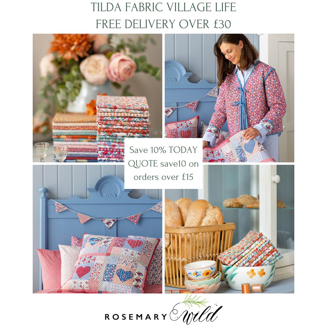 A promotional collage for Tilda Fabric Village Life fabrics, featuring four panels: stacked patterned fabric stacks, a woman wearing a floral print blouse, a blue headboard with patchwork pillows, and bread bowls with folded fabric swatches. Text overlays advertise free delivery over £30 and a 10% off today quote.