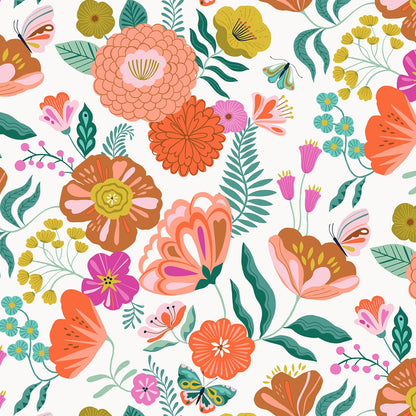 FLUT2075 Colourful flowers on a white cotton fabric designed by Bethan Janine for Dashwood Studios.  It is ideal for patchwork, quilting, patchwork, dressmaking and other crafts. Free delivery over £30.