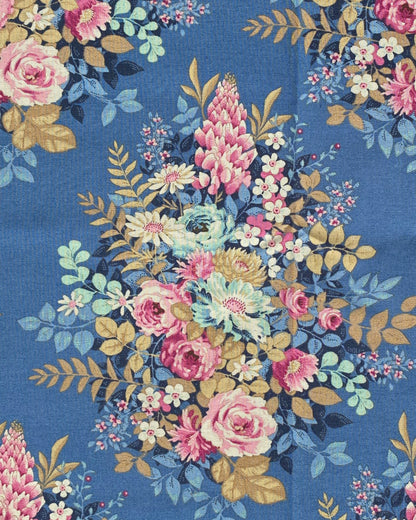 Tilda Fabric Chic Escape Whimsyflower Navy Blue - 100% Cotton fabric showing chintz like pink and teal flowers and leaves on a blue  background. Free delivery over £30